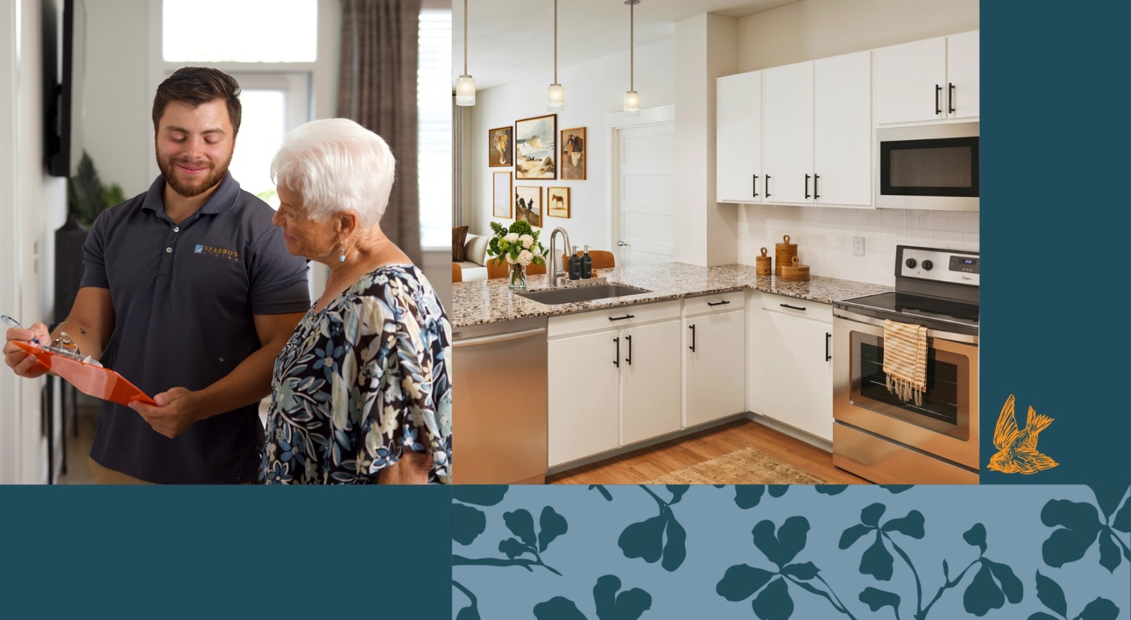 a woman and a man talking in a kitchen