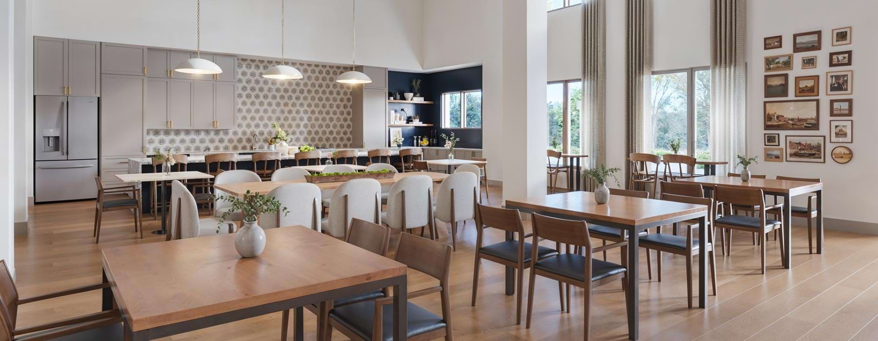 a room with tables and chairs