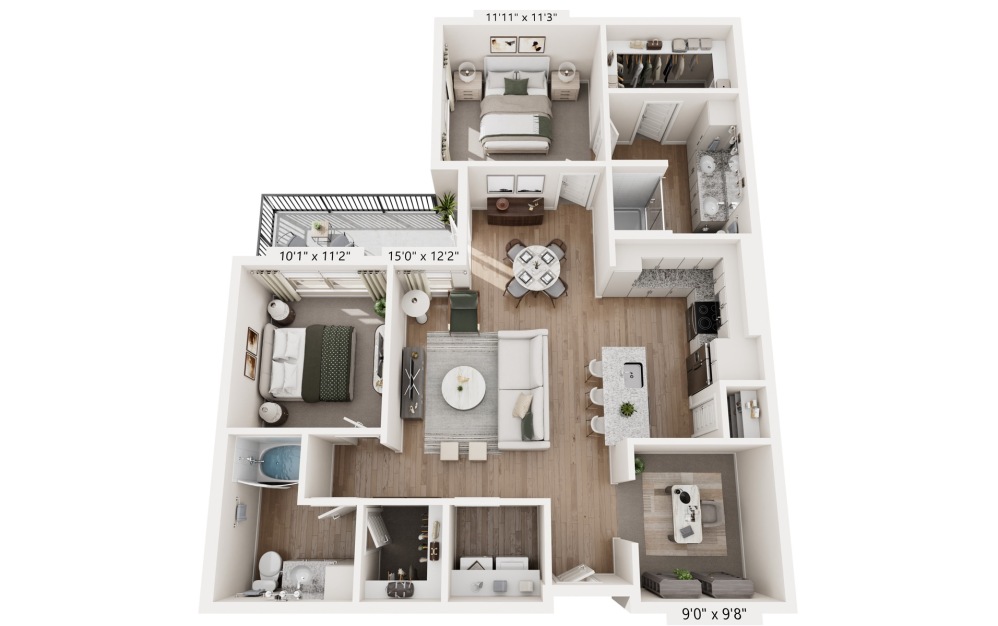 B6 - Cyan - 2 bedroom floorplan layout with 2 bathrooms and 1263 square feet