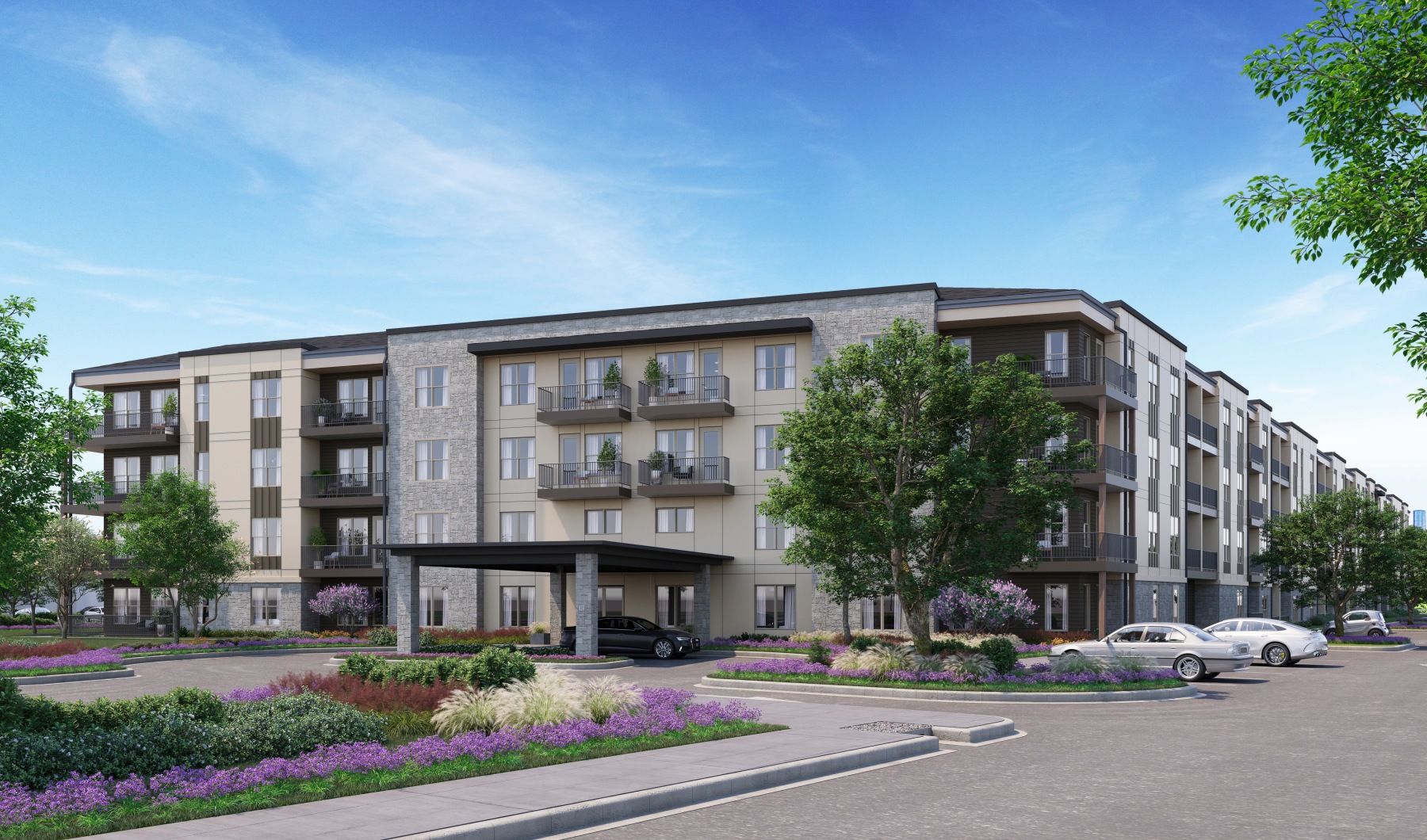 a building with cars parked in the front